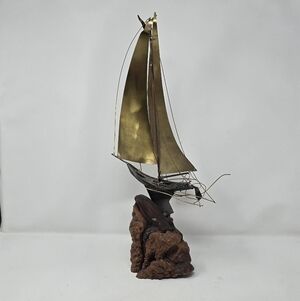 Vintage LeBlanc 1970's sailboat welded metal sculpture driftwood base aquatic